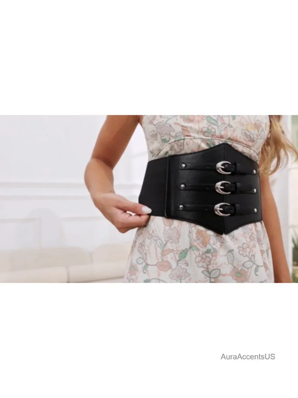 Wide Stretchy Corset Belt with Gold Buckle Faux Leather Waist Cincher